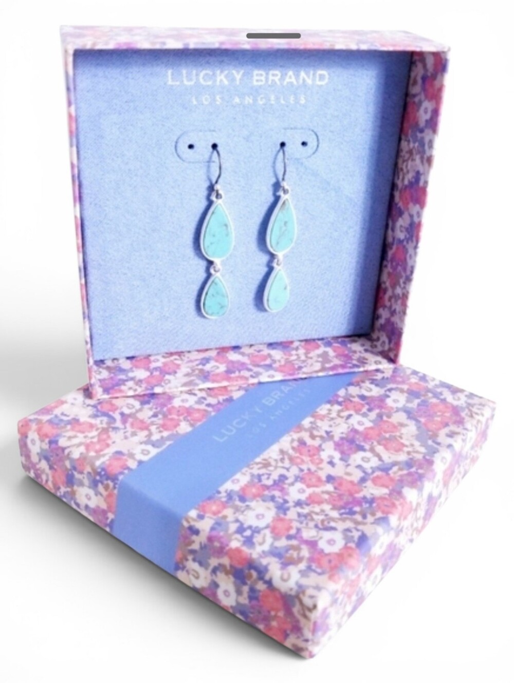 Lucky Brand Earrings Double Teardrop Turquoise Silver Tone New In Box